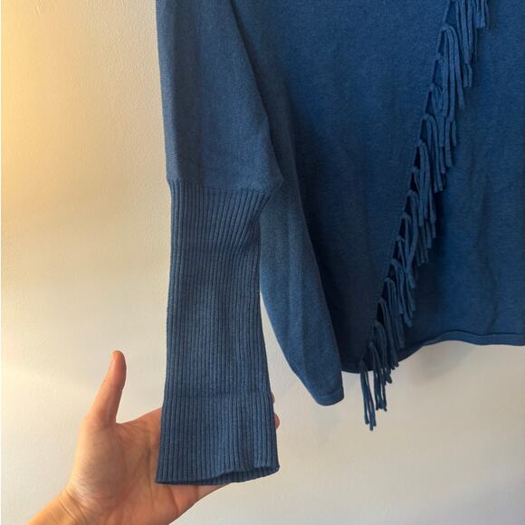 Marble Sweater Women L Blue Cowl Neck Tassel Cotton Blouse Lagenlook Boho Fringe - Picture 4 of 5